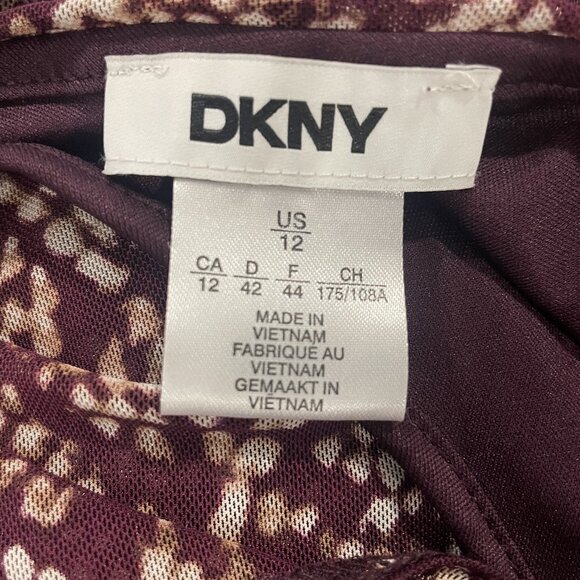 NWT DKNY Mesh Long Sleeve Ruched Sheath Dress Burgundy Cocktail Abstract Size 12 - Picture 7 of 8